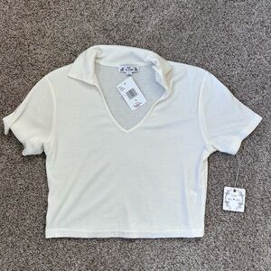 NWT Poof New York cropped short sleeve deep v neck collared shirt. Ribbed. Y2K